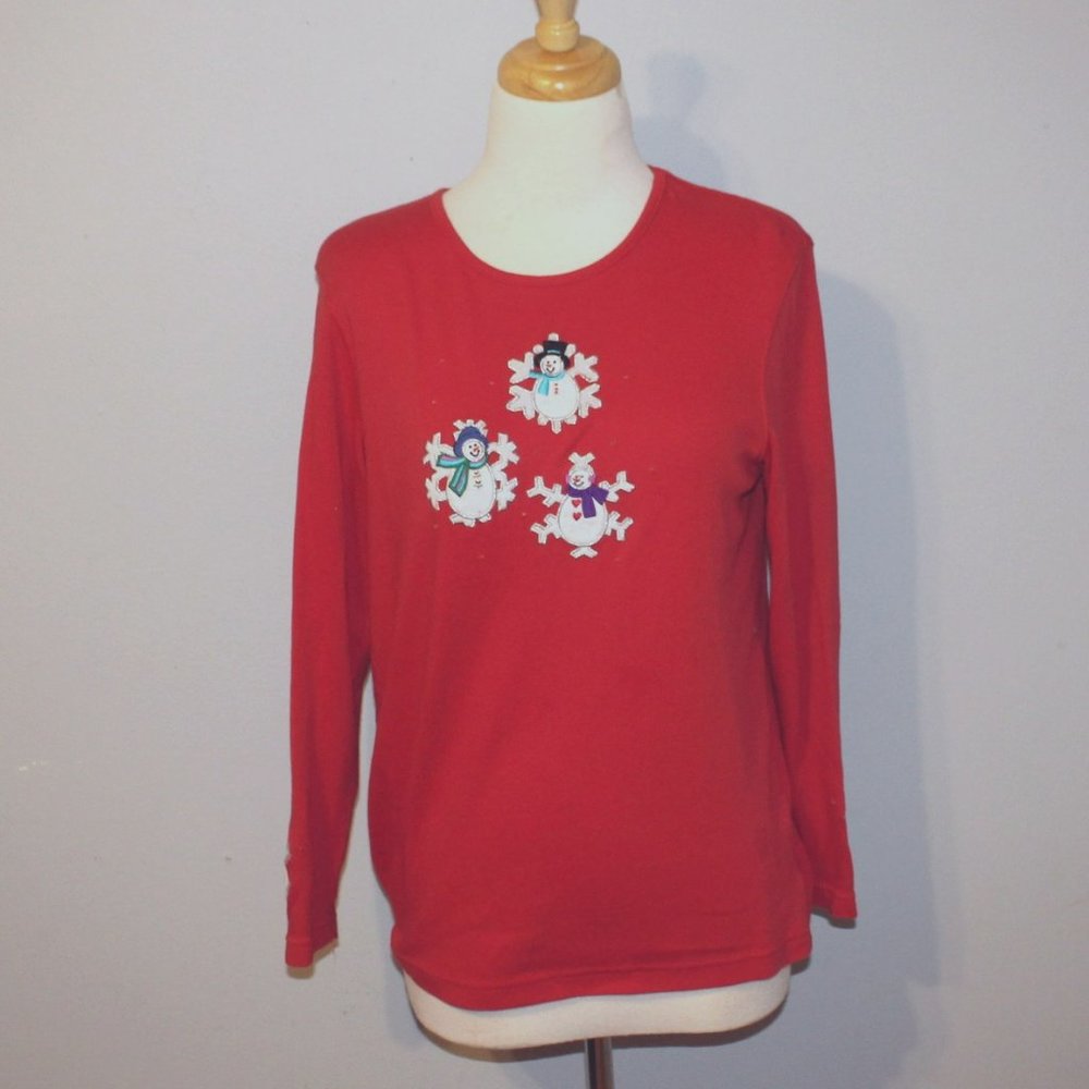 Studio Joy Size M True Red Long Sleeve Snowman Shirt Winter Holiday Christmas